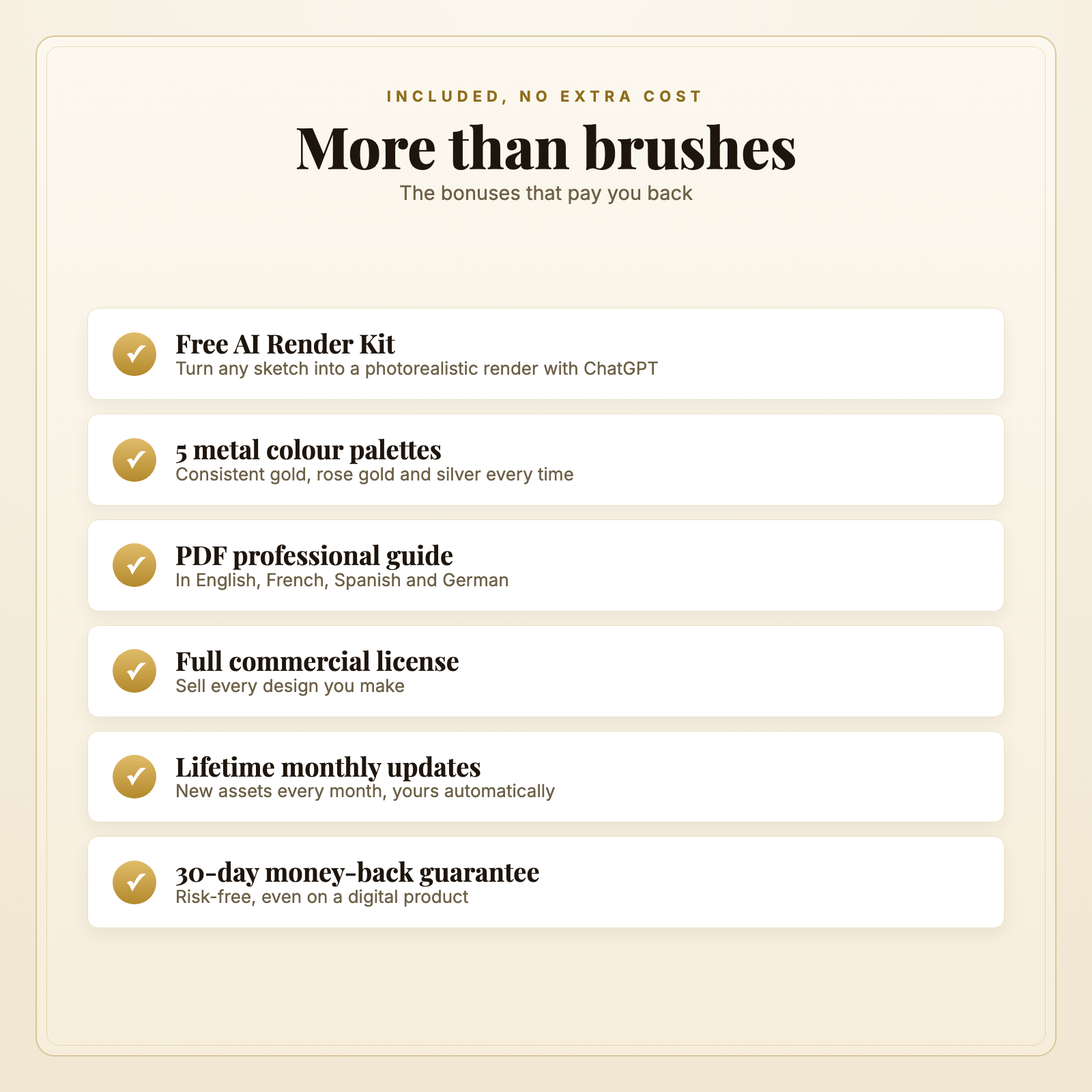 Included bonuses: AI Render Kit, palettes, guide, license, updates, guarantee
